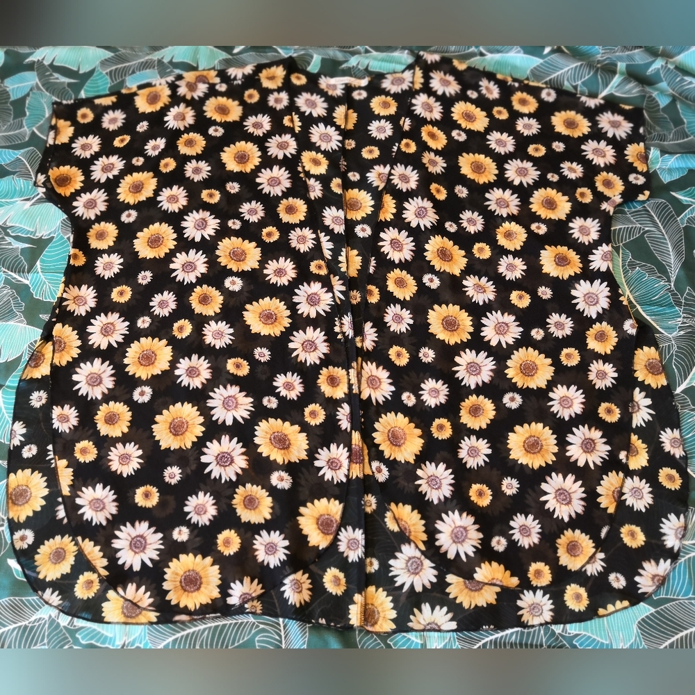 Liberty Love Sunflower Orange and Black Short Sleeve Button Down Coverup